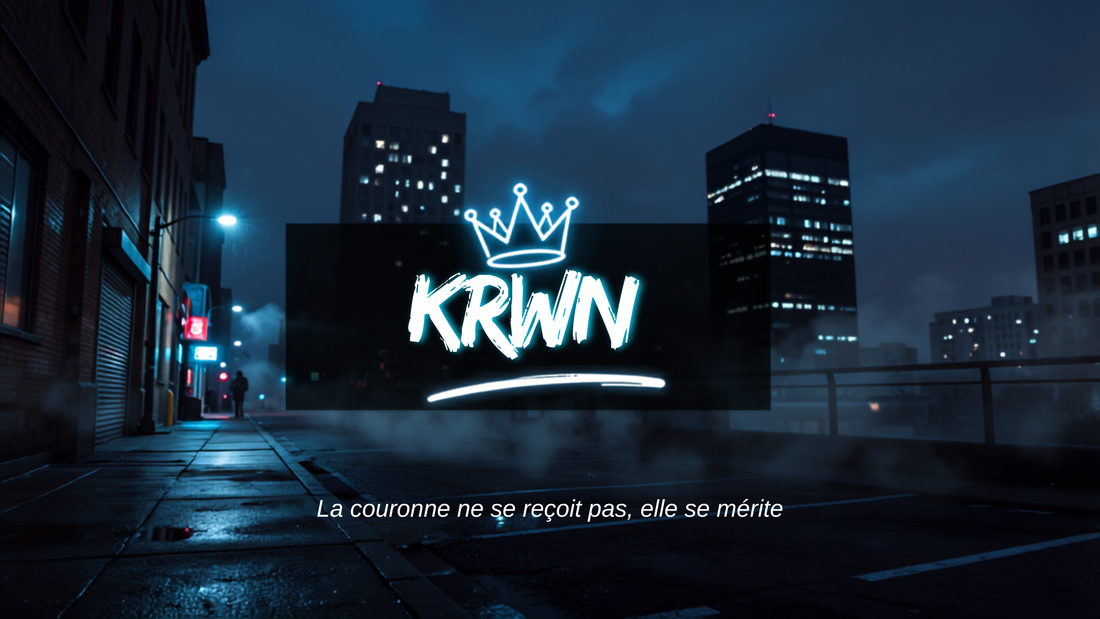 Logo KRWN sur fond urbain nocturne — La couronne ne se reçoit pas, elle se mérite